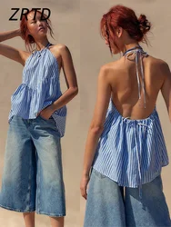 Sexy Stripe Halter Vest Women 2024 Summer Sexy Lace Up Backless Sleeveless Female Shirt Casual Loose All-match Holiday Beachwear