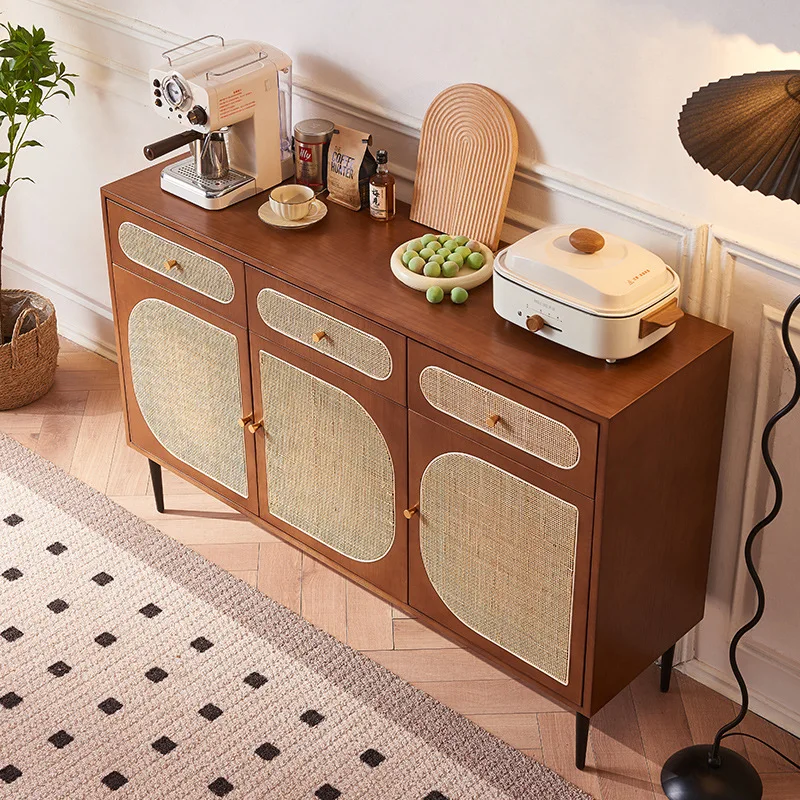 Nordic rattan solid wood dining side cabinet wabi-**** wind household multi-function with drawers multi-function three-door clas