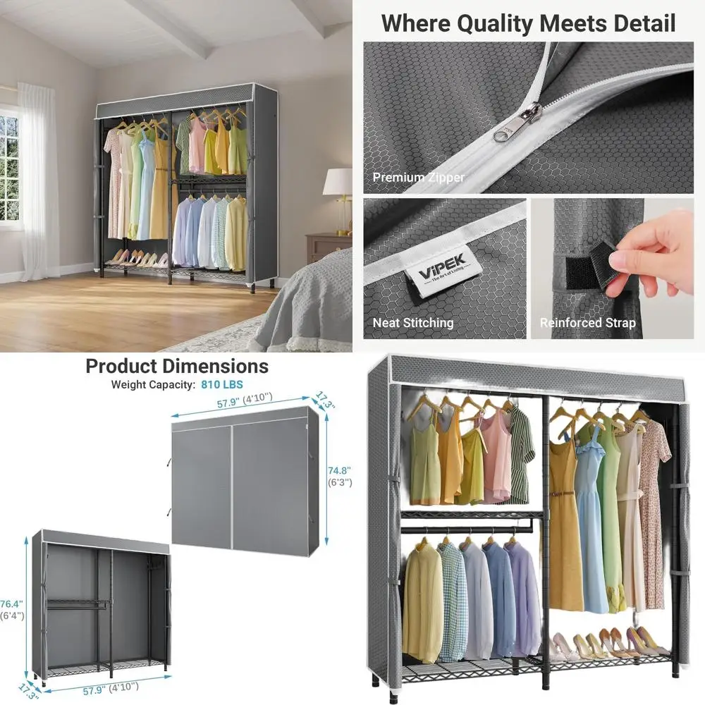 

Portable Heavy-Duty Metal Clothing Rack with Adjustable Rods, Side Hooks, and Cover, Max Load 810lbs, Black with Grey Cover