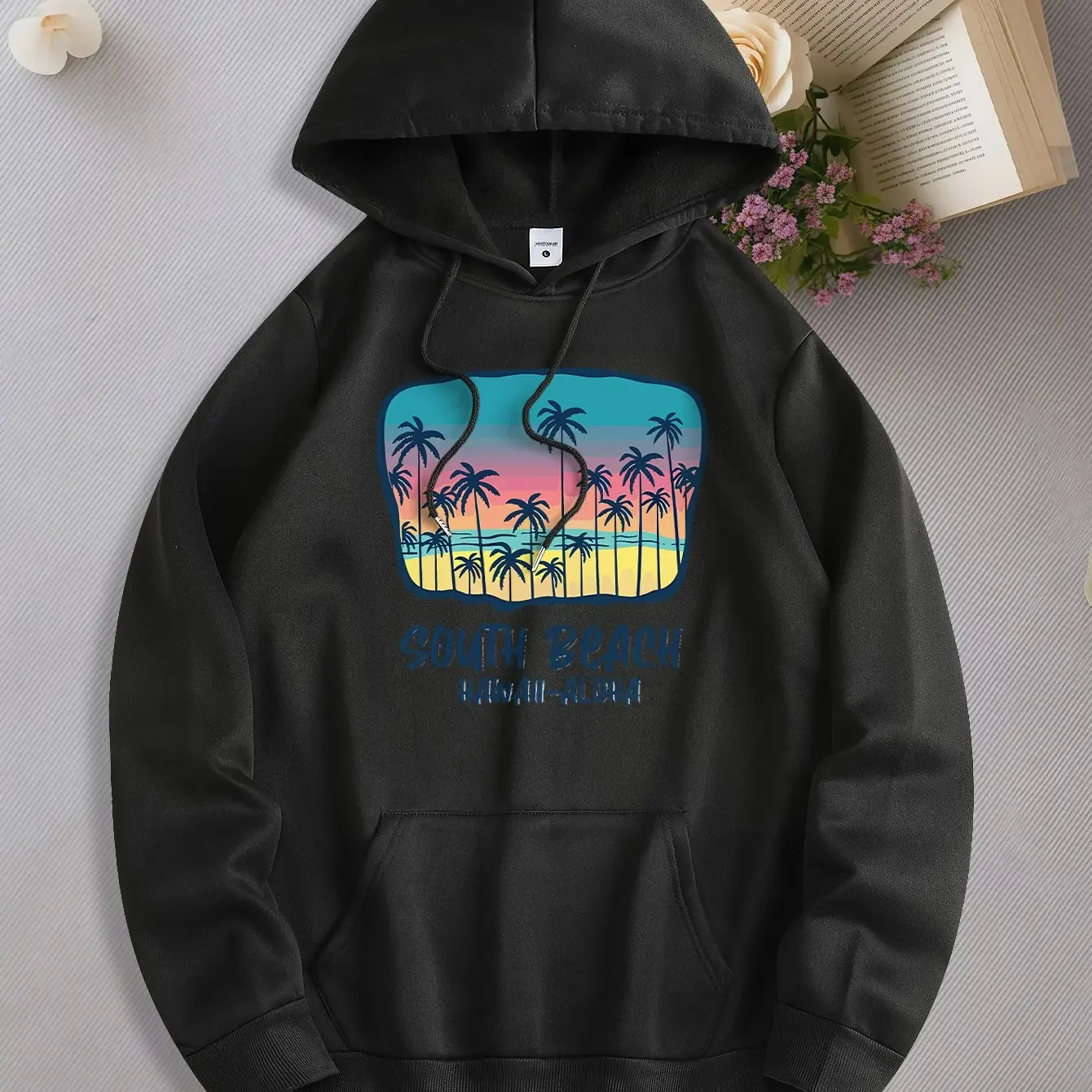 Rectangle Frame Palm South Beach Hawaii Aloha Hoodie Unisex Retro Tropical Beach Holiday Long Sleeve Hooded Sweatshirt