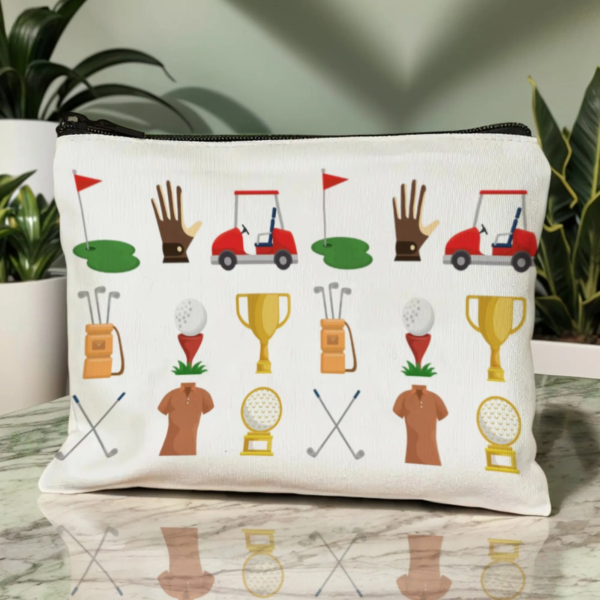 Earthy Practical Golf Makeup Pouch Cream White with Vintage Course Map & Pattern Print Logo Thoughtful Gift for Golf Enthusiasts