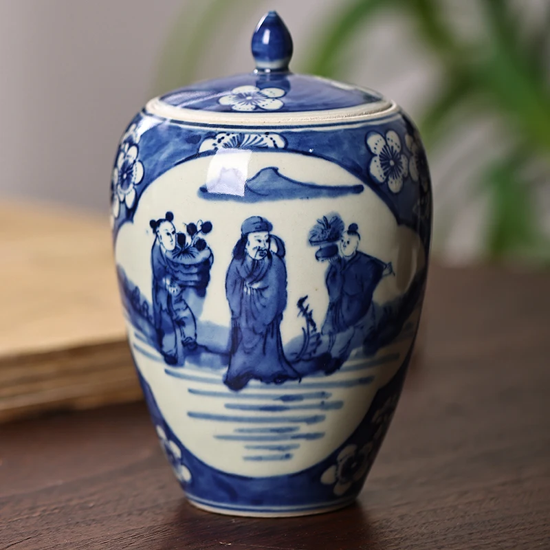 Jingdezhen Antique Hand-painted Figures Tea Jar Ceramic Tea Cans Decorative Ornaments Antique Retro Ceramics