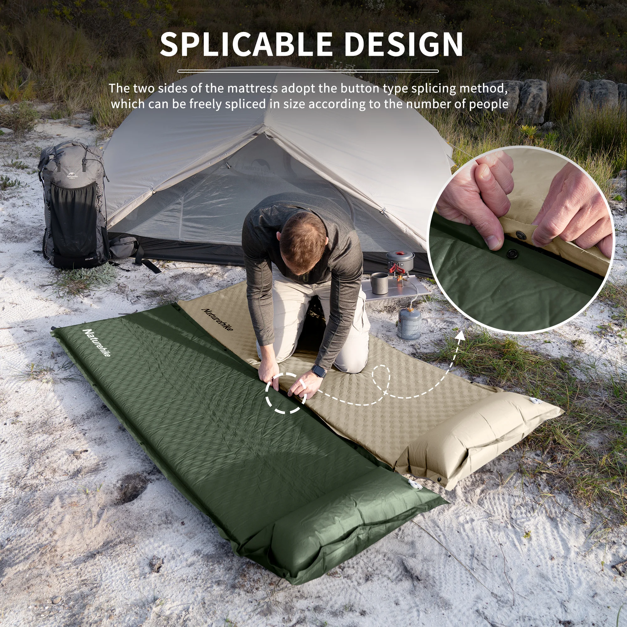 Naturehike 2026 New Camping Self Air Mattress 10cm Thicken Splicable Double Air Sleeping Bed Folding Hiking Inflating Mattress