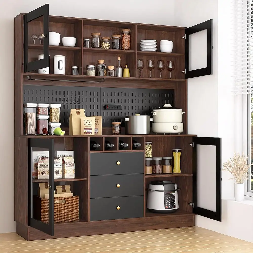 

75 Large Kitchen Hutch, 63 Wide Pantry, Buffet Hutch with Pegboard, Cup Holder, Outlet, 4 Drawers & 3 Doors, Cabinet with Microw