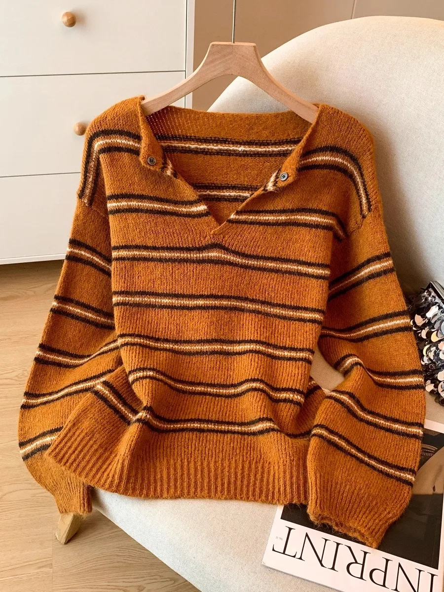 

Ladies Loose Fit Long Sve Knitted Sweater Autumn Winter V-Ne Stripe Design Comfortable Soft Sle Casual Faion Top