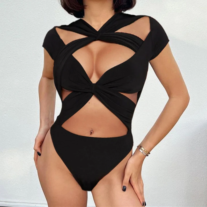 2025 Europese en Amerikaanse zomer damesmode sexy riem korte mouw kruis holle navelstreng jumpsuit met korte mouwen