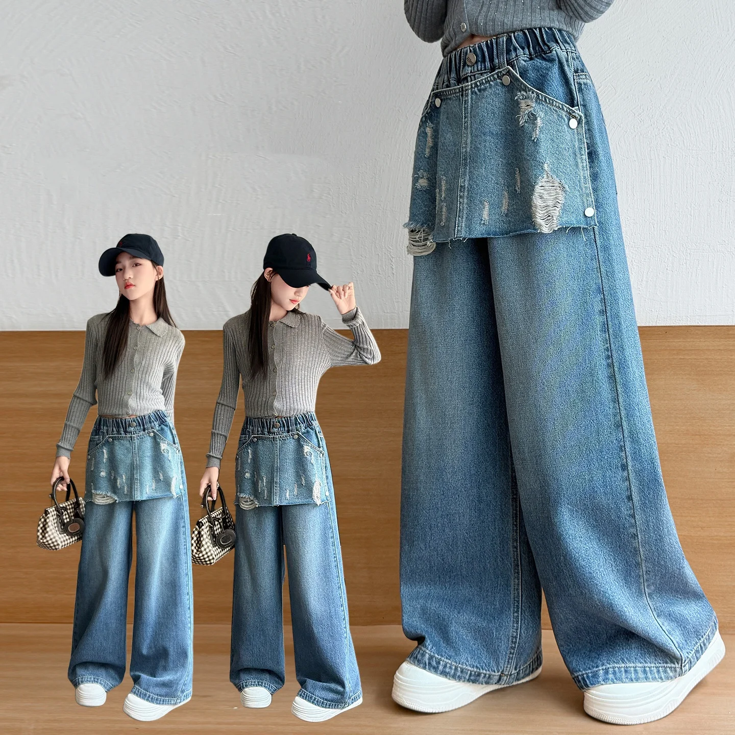 Girls Straight Leg Jeans with Detachable Flounce Korean Style Wide Leg Trousers for Kids Spring Autumn Fashion Child Denim Pants