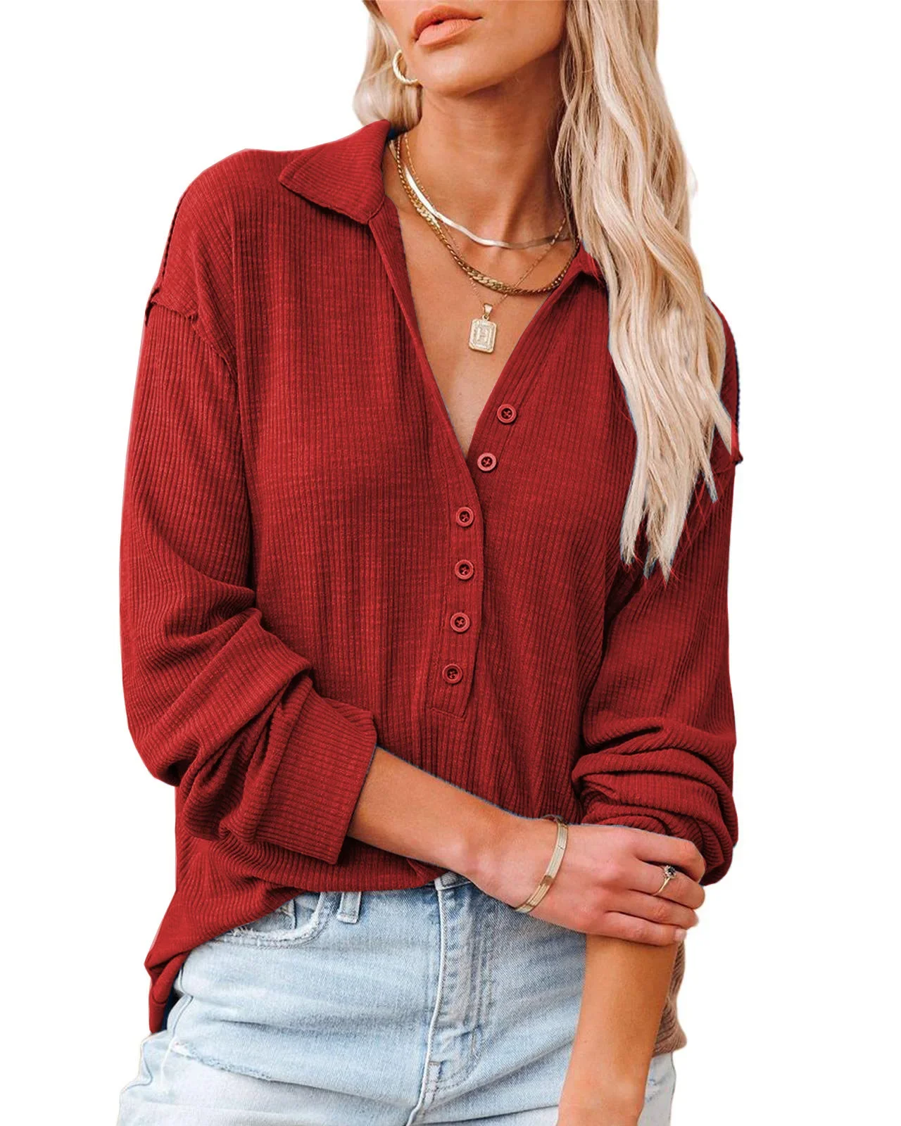 2024 Women's New V-neck Loose Shirt Large Women's Stapled Long sleeved T-shirt women clothes YBF56-3