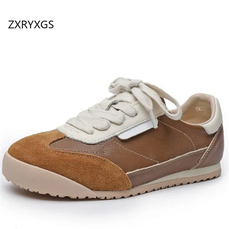 ZXRYXGS 2024 Autumn Premium Cowhide Mixed Colors Women Genuine Leather Sneakers Flat Shoes Comfortable Soft Sole Trend Shoes