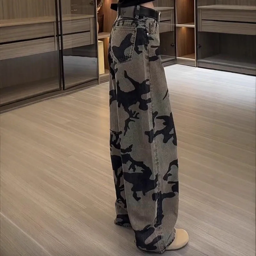 2026 ربيع الخريف موضة عالية الخصر التمويه الجينز بنطال ذو قصة أرجل واسعة النساء تصميم فضفاض مستقيم الساق كاوبوي السيدات بنطلون #3
