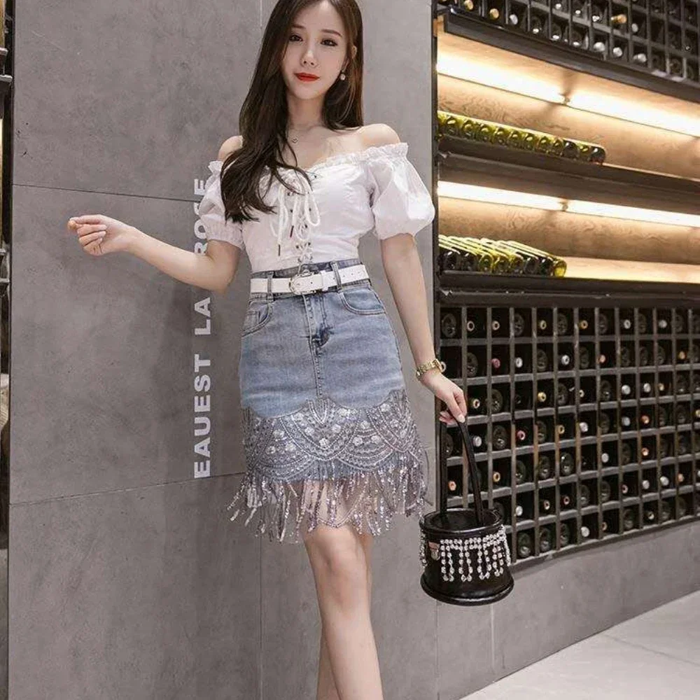 

Sequin Woman Denim Skirt Fringe Korean Fashion Clothing Sales Trend 2025 Casual Aesthetic High Quality Jeans Skirts for Women