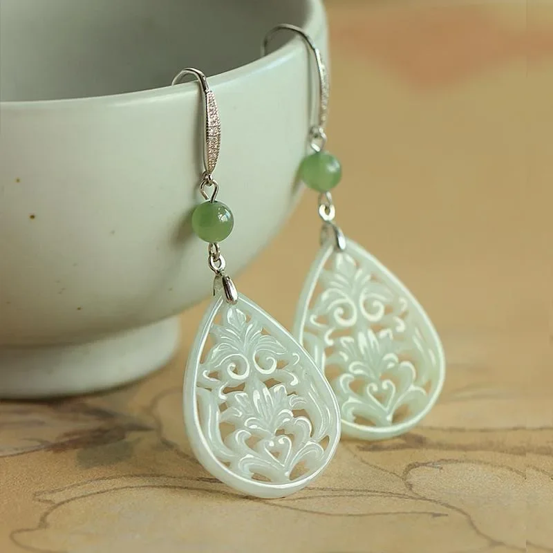 Natural Jade Emerald Hollow Water drop flower Earrings Bead Charm Jewellery Fashion Accessories Woman Amulet Gifts Customized