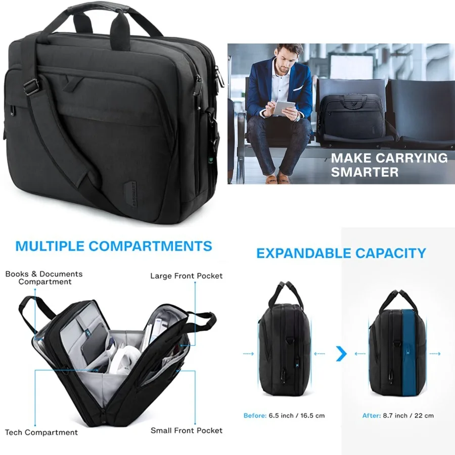 

17.3 Inch Laptop Bag, Expandable Computer Bag Laptop Briefcase Men Women,Laptop Shoulder Bag,Work Bag Business Travel Office, Blac