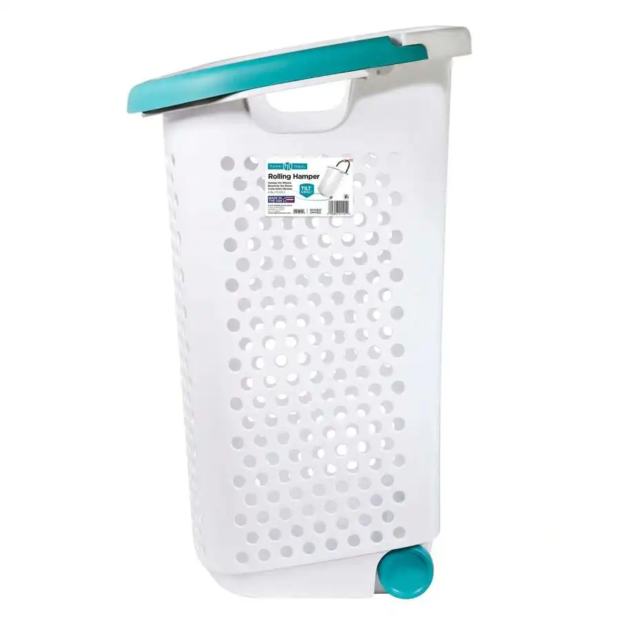 2 Bushel Rolling Plastic Laundry Hamper With-Up Handle, White, Adult