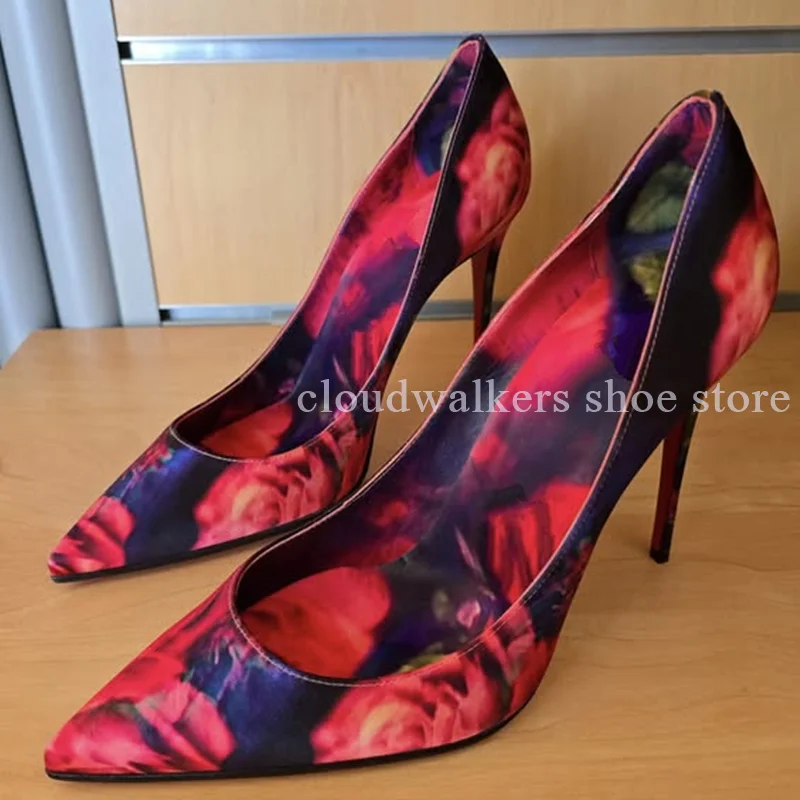 

Red Rose Print Satin Sexy Pointed Toe Women's Pumps Exotic Graffiti Patchwork Stiletto Pumps Wedding Party Shoe Bag Set Matching