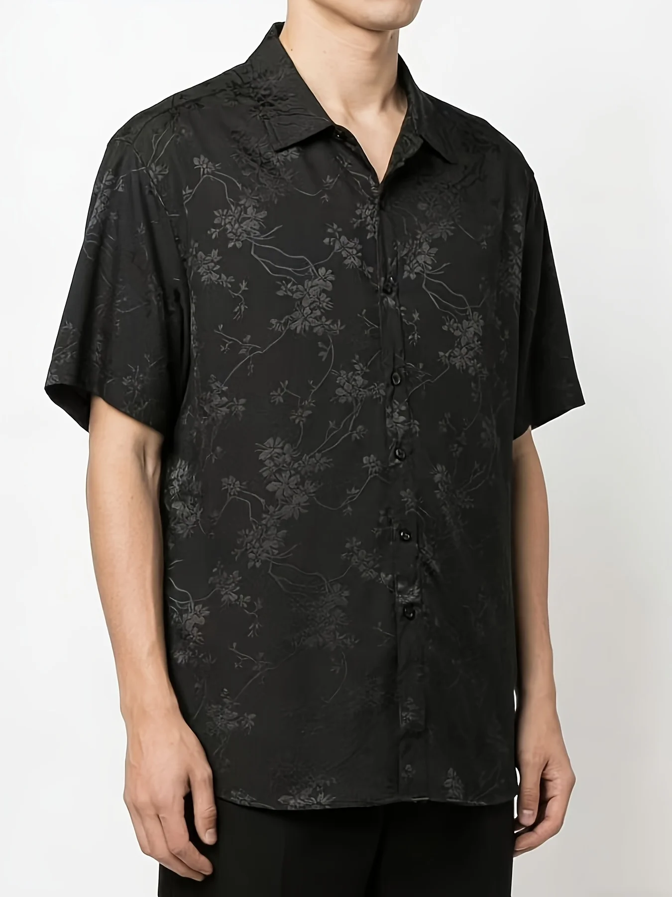 Men Black Subtle Vine Floral Jacquard Luxury Drape Commute Short Sleeve Shirt