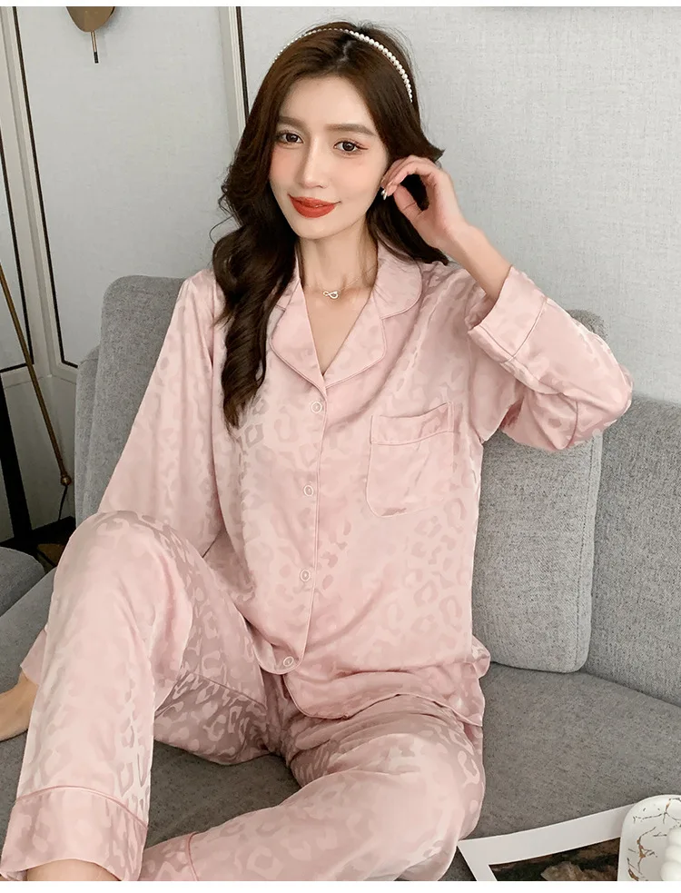 Women\'s Pajamas Sets Spring Autumn 2 Piece Leopard Pyjama Faux Silk Satin Sleepwear Long Sleeve Button Pijama Mujer Pjs Homewear