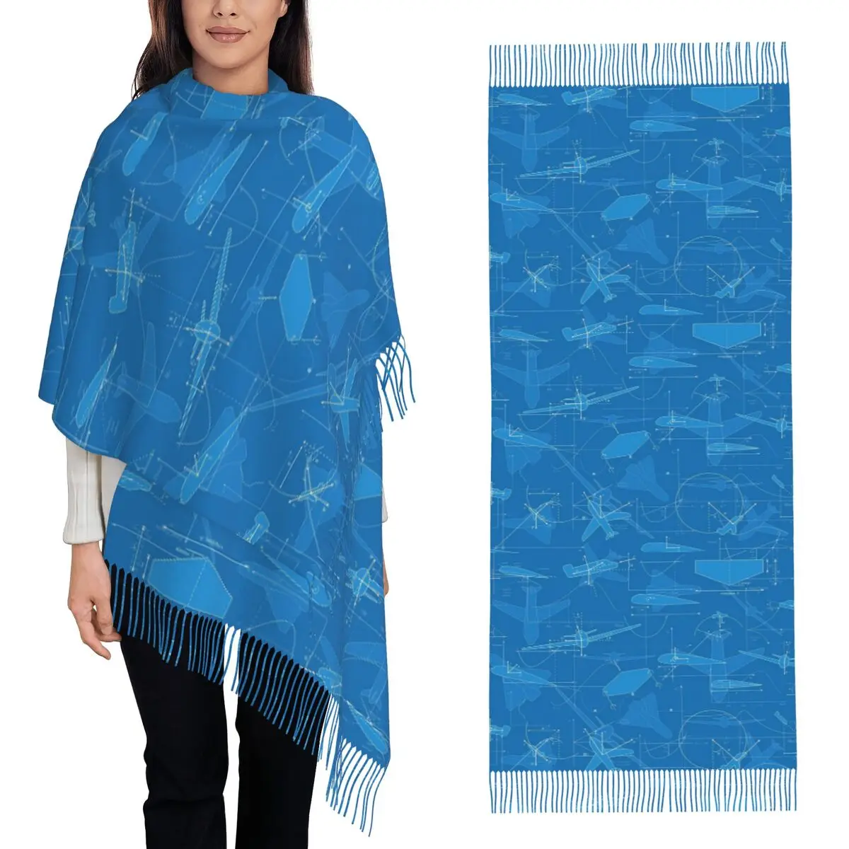 

Случайный узор самолетов, шарф-пилот-истребитель, шарфы с кисточками для женщин, шали и накидки, большая осенне-зимняя шаль