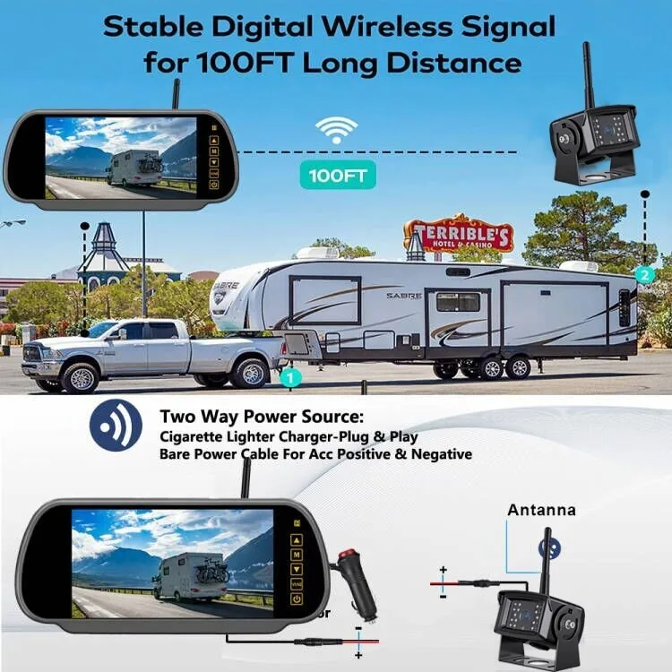 Lastubs 7 "DVR شاشة مرآة السيارة مع FHD 1080P الرقمية اللاسلكية التكبير كاميرا احتياطية للرؤية الخلفية ل RV قافلة مقطورة حافلة فان #4