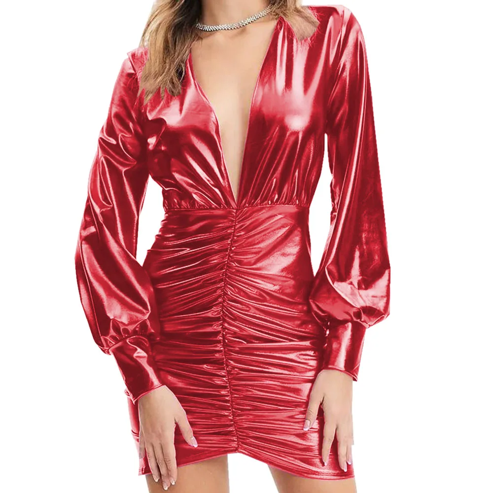 Women's Sexy V Neck Draped Mini Dress, Monochromatic, Hot Stamping, Long Lantern Sleeve, Shiny, Metallic, Nightclub, Party