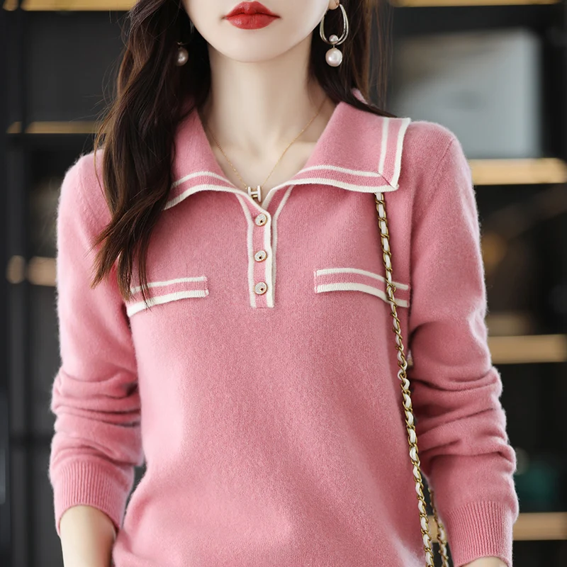 Pure Wool Knit Sweater Women's 2022 Spring Autumn New Chic Navy Collar Loose Knitted Pullover Fashionable Bottoming Ladies Top