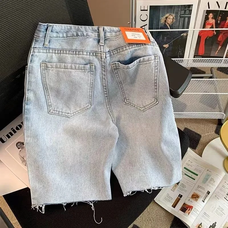 Pantalones cortos de mezclilla rasgados Y2K, Jeans cruzados de calle alta europea y americana, pantalones de pierna ancha sueltos rectos de hip-hop para novio, ins hot