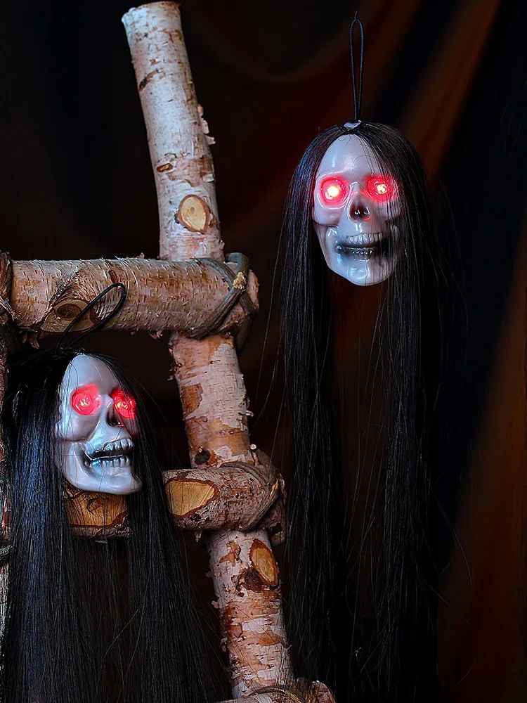 

Halloween Hanging Ghost Skull with Long Hair Glowing Eyes Terror Skull Ghost House Head Skeleton Props Horror Decoration