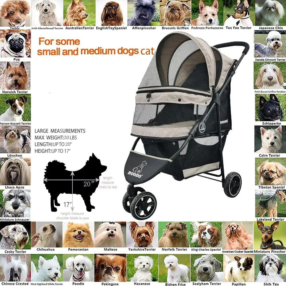 Lightweight Foldable All-Terrain Pet Stroller for Dogs & Cats up to 30lbs, Compact Travel-Ready, Suitable for Medium & Small Bre