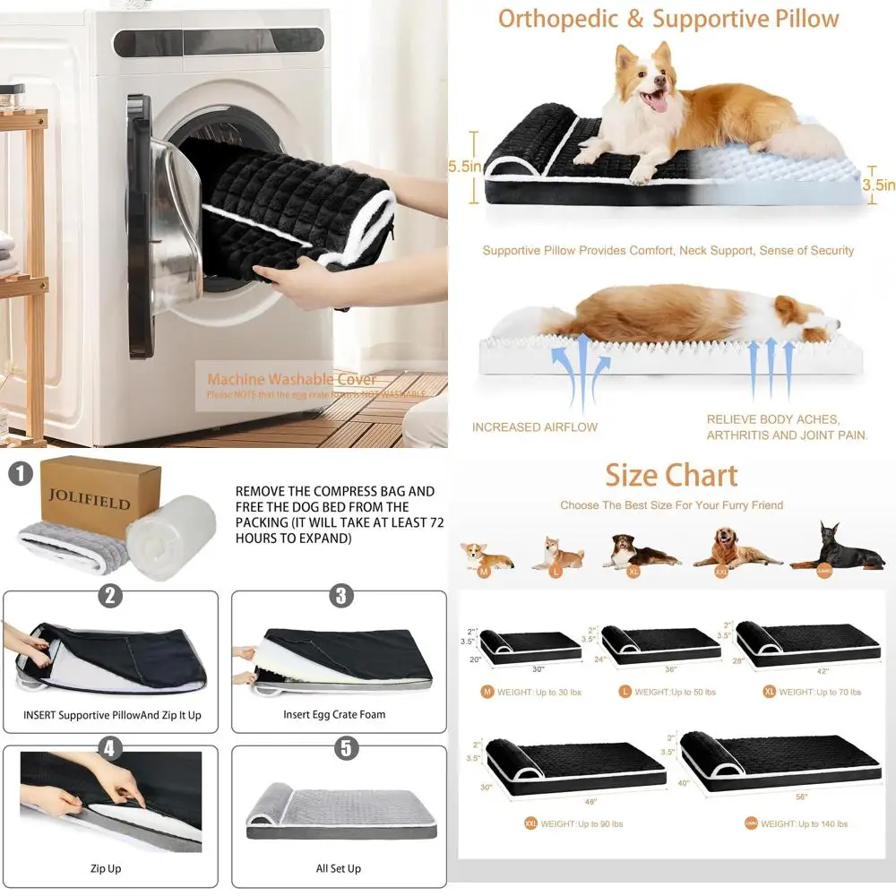 

Large Orthopedic Dog Bed with Pillow, Waterproof & Comfortable, Removable Cover, Non-Slip, Black