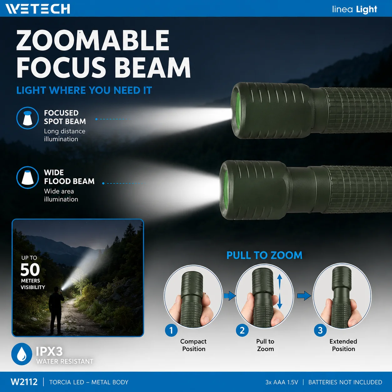 Lampe de poche LED à zoom télescopique, corps en métal durable, résistant aux éclaboussures IPX3, portée du faisceau de 50 m, torche portable alimentée par 3 piles AAA pour le camping, la maison et les situations d'urgence