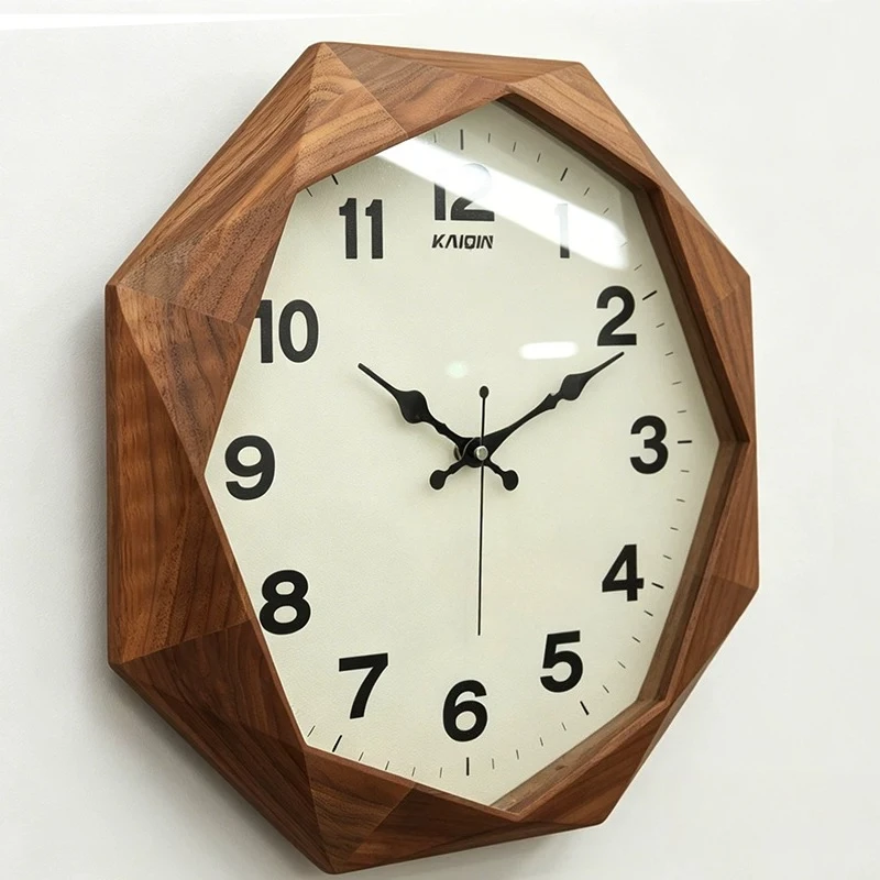 Octagonal Black Walnut Solid Wood Wall Clock, New Chinese American Style Silent Automatic Time Wall Clock Home Living Room Decor