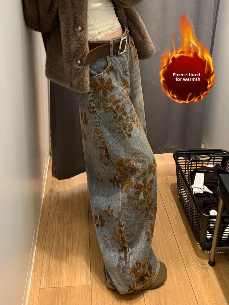 

Американские ретро-джинсы с утепленной флисовой подкладкой для женщин, летние, свободного кроя, удлиненные, с высокой талией, на молнии