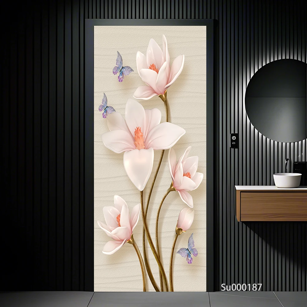 Oriental 3D Relief Lotus Door Mural Self Adhesive PVC Door Sticker Floral Gold Fish Butterfly Home Entrance Decor Wallpaper view 6