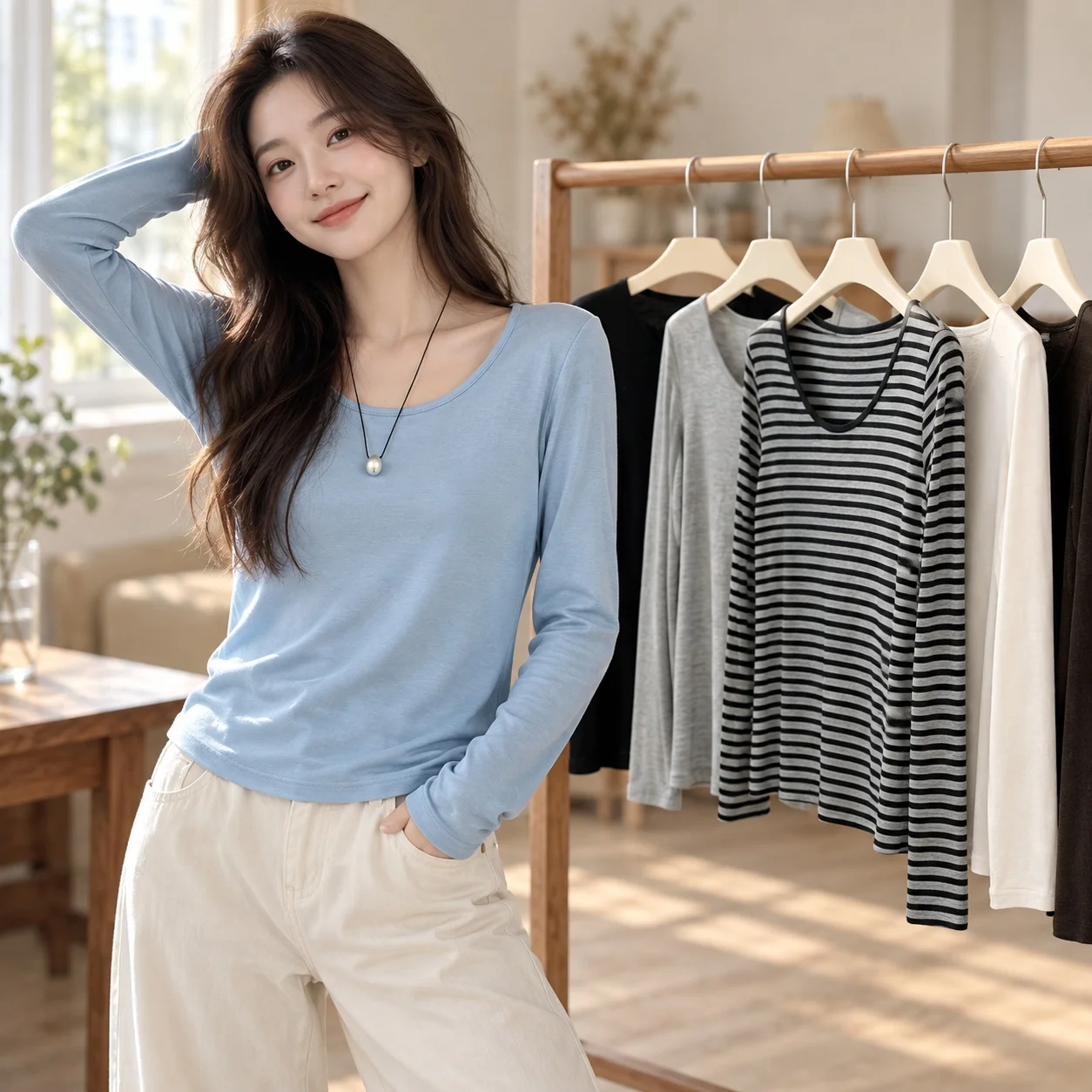 Round Neck Long Sleeve Sweater Casual with Japanese Korean Casual Regular Sleeve Pullover Crew Neck Women Sweater
