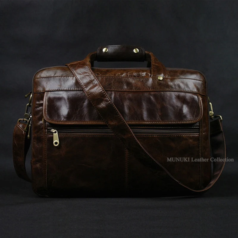 Luxury Full Grain Genuine Leather Men Business Briefcase Male Office Bag 15