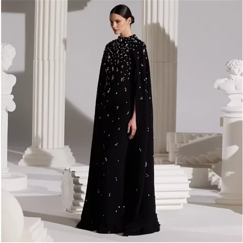 

Black Elegant Evening Dress Customized High Neck Sleeve Cape Beading Crystal Floor Length Arabian Party Gown Saudi Prom Dresses