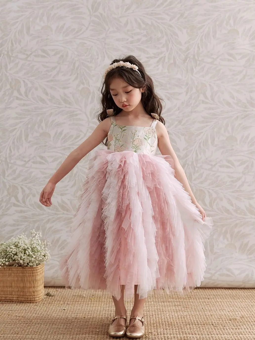Baby Girl Autumn Spring Pink Shiny Lolita Layed Lace Princess Ball Gown Gauze Dress Birthday Holiday Party Eid Child Clothing