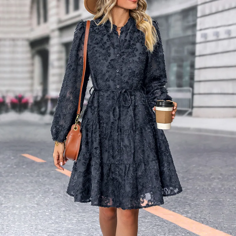 Frühling und Herbst Europa und die Vereinigten Staaten Neue Mode Jacquard Langarm Einreihiges Patchwork-Kleid mit Schnürung für Damen