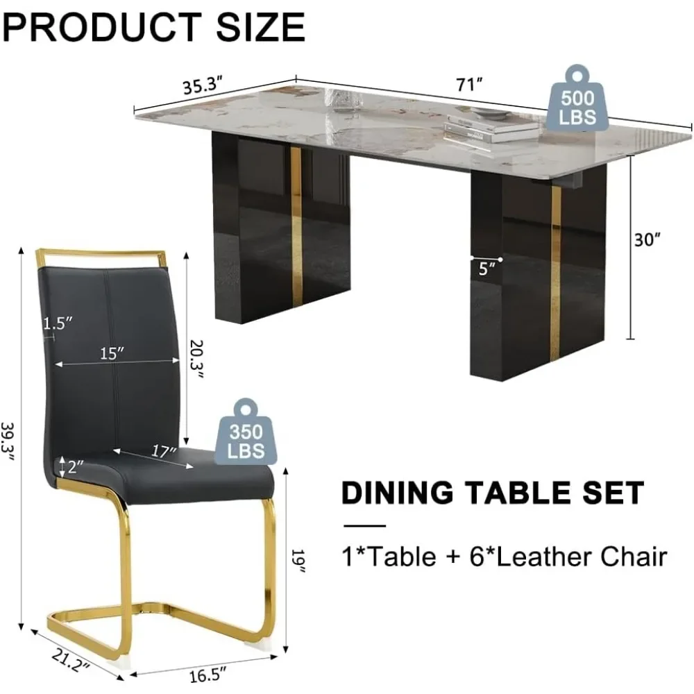 71'' Modern Dining Table Set for 6 Kitchen Faux Marble Table and PU Leather Chairs Set of 6 for Kitchen, Dining, Bar,Living Room