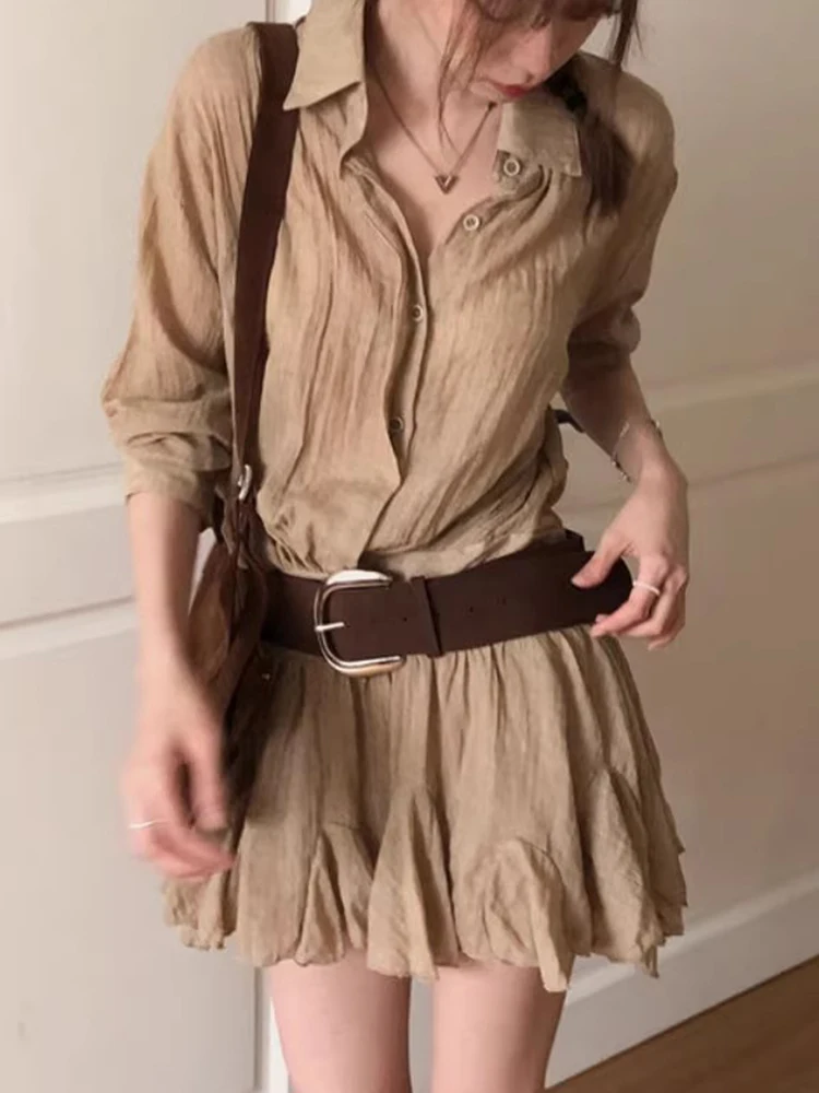 Clothland Women Sweet Solid Shirt Dress Belt Half Sleeve One Piece A Line Preppy Style Cute Fashion Mini Dresses QE208