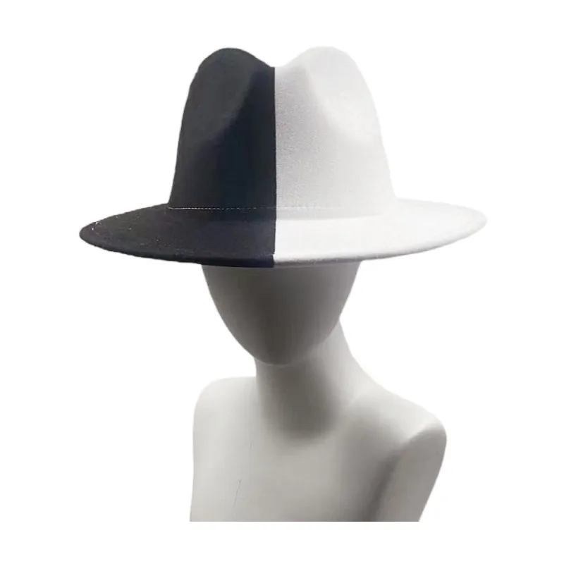 

Black White Women Patchwork Fedora Hat Men Wide Brim Wool Felt Jazz Fedora Hats with Thin Belt Buckle Panama Trilby Cap