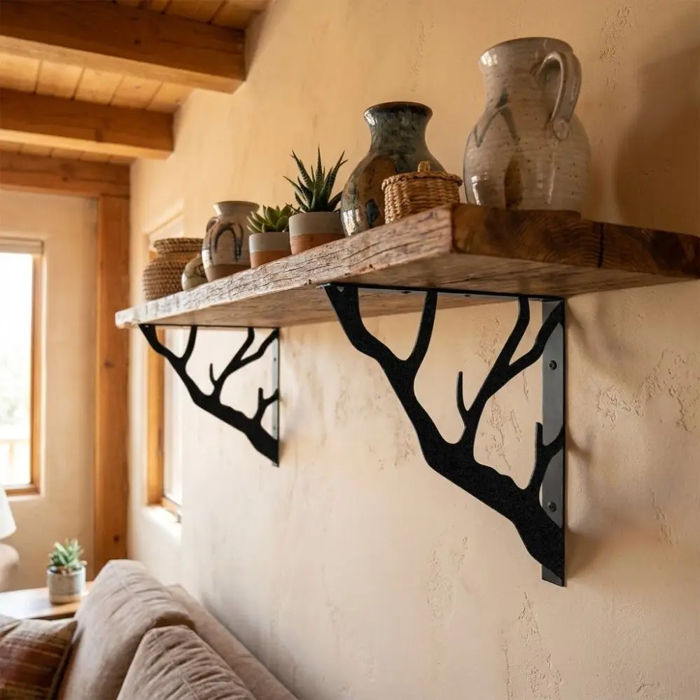 2Pcs Tree Shaped Metal Shelf Brackets Cast Iron Thickened L-Shaped Brackets Heavy-Duty Triangular Support Bracket Garden