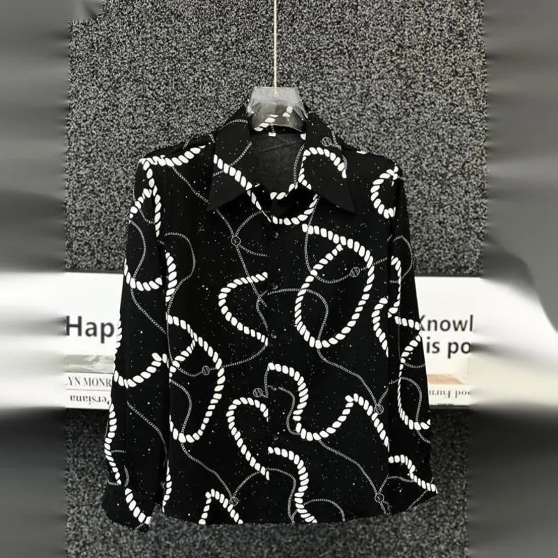 WVGA Summer New Men's High-end Personalized Hemp Rope Printed Long Sleeve Shirt Niche Chic Casual Starry Pattern Tops Ins W24057