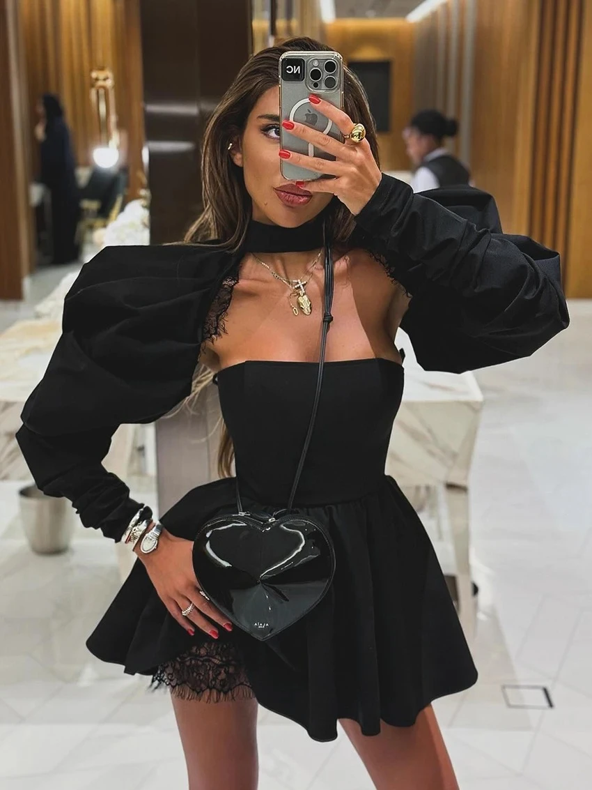 Sexy Slim Black Women's Dress  Bodycon Stand Collar Long Sleeve Mini Dresses Elegant Lace Spliced Female Dress