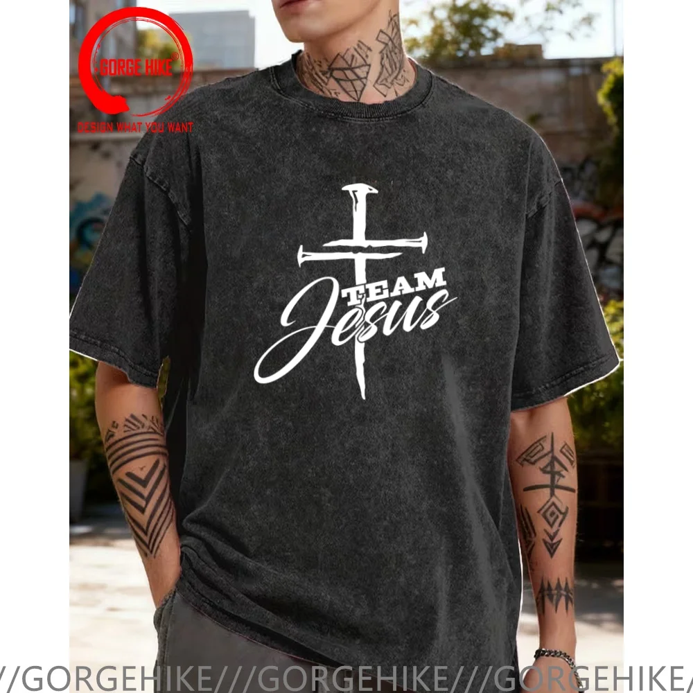 

Vintage Washed Cotton T-Shirt Funny Designer Jesus Team Jesus Cross T Shirt Men Fashion Trendy Casual Clothing Stylish Tops Tees