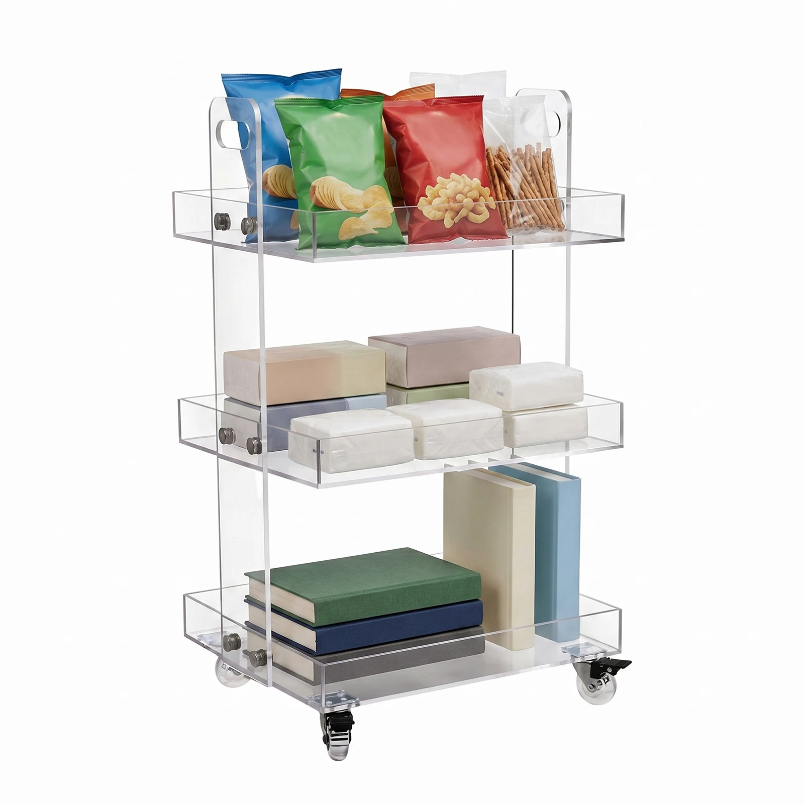 3-Tier Acrylic Rolling Cart Clear Polished Thickened Acrylic Each Tier 11.02lbs Load Raised Anti-fall Baffles Clear Acrylic Side Table Rounded Smooth Edge Multifunctional Storage Trolley For Bathroom Kitchen Office