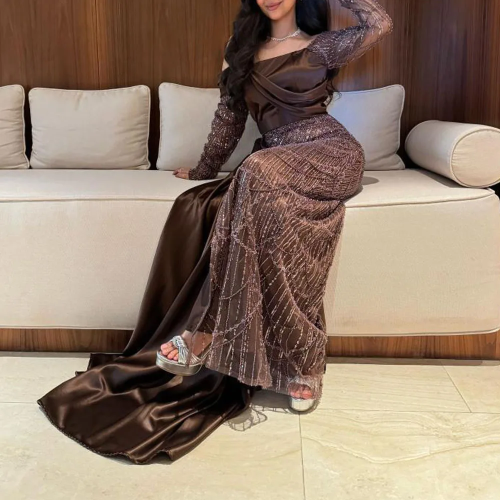 Customized Brown Off the Shoulder Dress with Sequin Embroidery Evening Gown Side Train فستان سهرة نسائي
