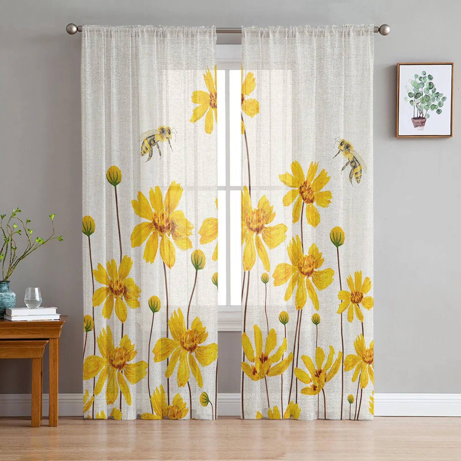 

Watercolor Yellow Flowers Bees Voile Curtains for Bedroom Tulle Window Curtain for Living Room Sheer Curtains Blinds Drapes