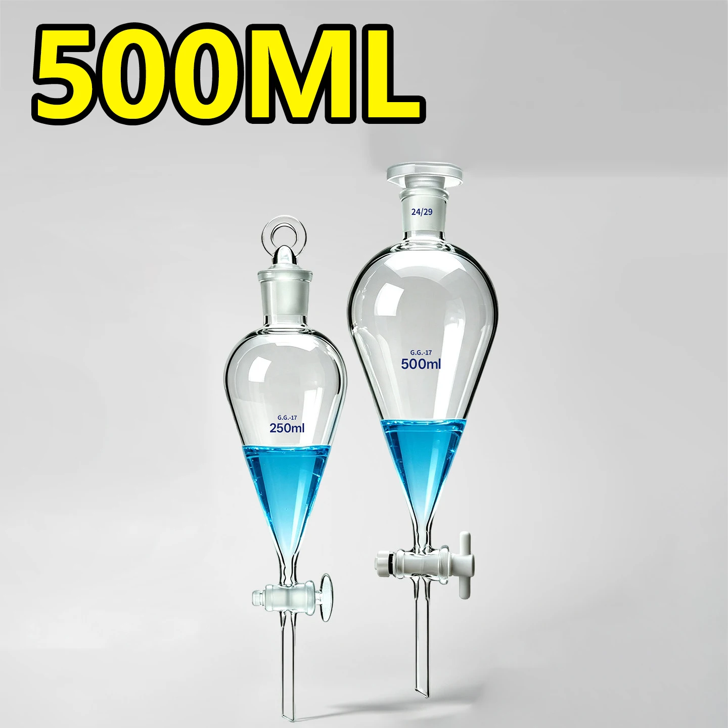 1 piece 500ml glass pear-shaped separatory funnel, PTFE/glass piston, oil-water separator