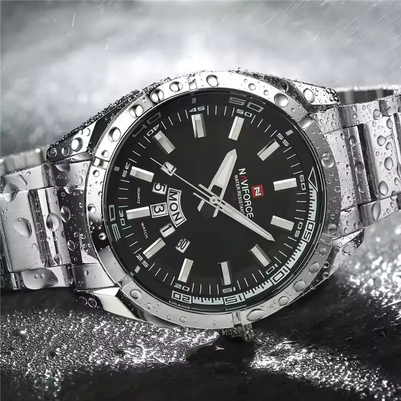 NAVIFORCE 9038, модные мужские кварцевые наручные часы с календарем недели, водостойкий ремешок из нержавеющей стали, элегантные деловые часы для мужчин